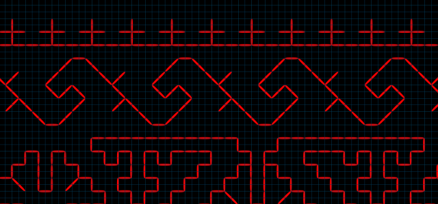 a geometric design of red markings on a black background. In the middle a wavy pattern with some spikes looks like many little godzillas emerging from the ocean