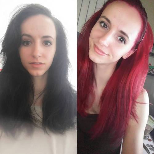 Before and after pix.  #beforeandafter #blacktored #selfie #sidebyside #newhair #newcolor #natural #