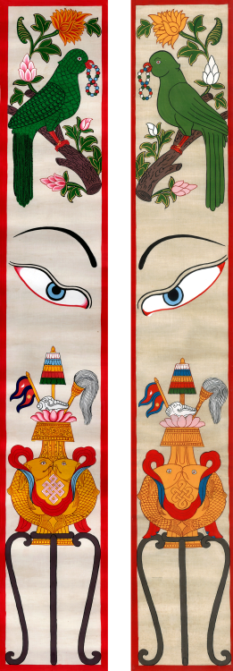 Buddhist symbols paintings used in door decoration on festive days, Nepal