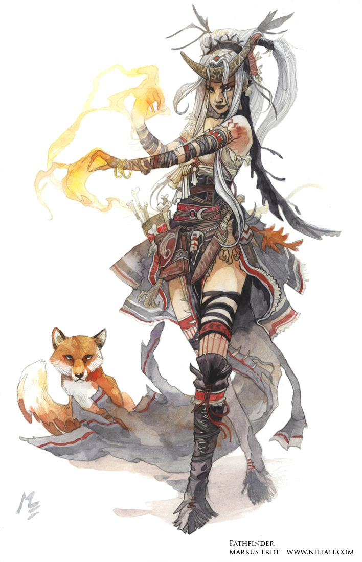 slaaneshi-party-bus:  Pathfinder - Feiya (human witch) + Daji (celestial fox familiar)Artists