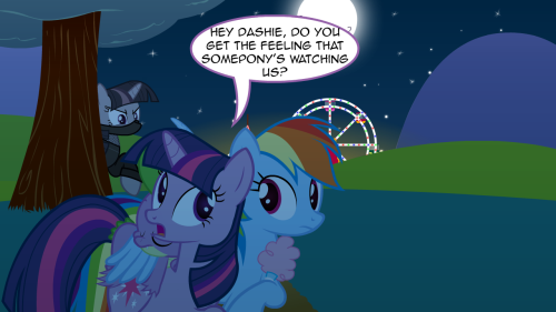 Twilight: I don’t know, Dash. I didn’t see anypony. Rainbow: We gotta get outta here! ((