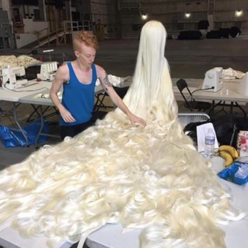 thekuntess:  gagasgallery:   ‏@musicnews_facts: Lady Gaga’s 30ft long wig in the #AHSHotel teaser took 13 people to make, and almost 300 wigs.   Made from all the wigs she’s snatched in her career 