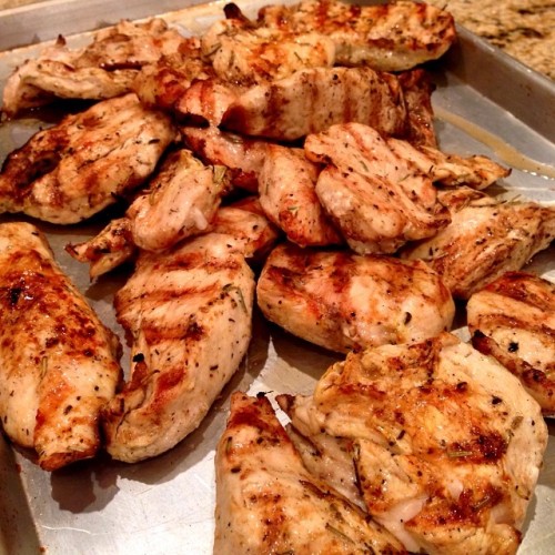 bodybyj:  Meal Prep Tuesday! 5 lbs of Italian Rosemary Chicken. Flavored these babies with extra virgin olive oil, rosemary and lemon juice, with even parts sage, basil, and oregano. I typically include chicken in all of my pre workout meals due to the