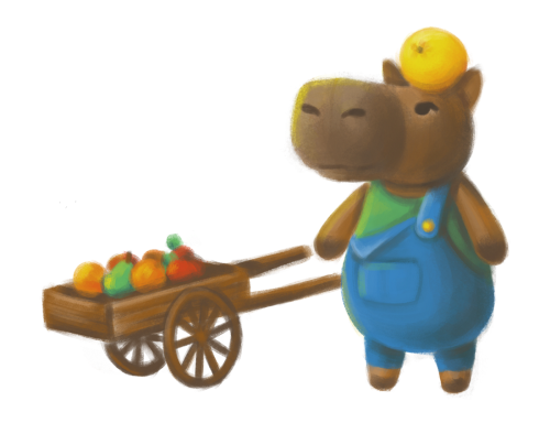 This is me and @annedrayem‘s Animal Crossing OC, Yuzu the capybara.  She visits your village and if 