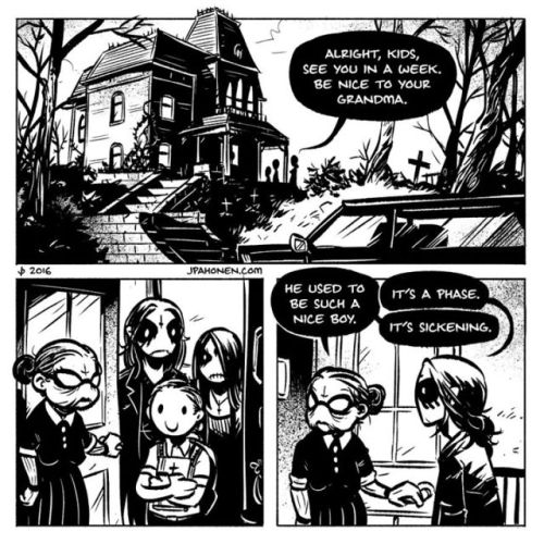 sixpenceee:
“Created by Finnish artist JP Ahonen, the Belzebubs comic strip features an adorable metal-loving family and all of their dark adventures together. From having a little baby to having lunch with grandma - the strip features normal...