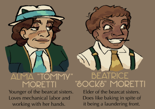 A digital illustration of Tommy and Socks Moretti, both humans. Tommy and Socks are both averagely-figured older Italian women. Tommy has fair skin, full lips, dark brown hooded eyes, shoulder-length wavy brown hair, and brown medium eyebrows. Socks has tan skin, hazel almond-shaped eyes, cropped light brown hair and trimmed bangs, and thin brown eyebrows. Both women are viewed in bust format. Tommy wears a white blue-ribboned fedora, blue tie, white collared shirt, and dark green jacket. Socks wears a white collared shirt, dark green suspenders, and golden tie. Tommy smirks, looking off screen; Socks makes a similar expression while holding a toothpick in her teeth. The canvas background is grayish brown.