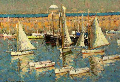 Arthur Hayward - Boats moored in a harbour.oil on board.Source: goldenagepaintings.blogspot.n