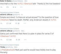 cumberfoil:  Tweets from the Sherlock Panel at London Film &amp; Comic Con. 