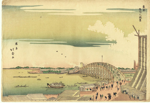 ukiyoesalon:Japanese Ukiyo-e Woodblock print, Shotei Hokuju, “View of Ryôgoku Bridge&rdq