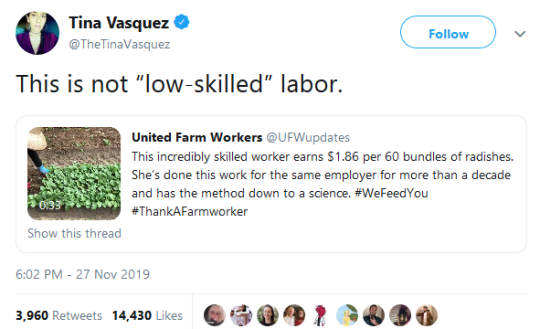 bogleech:solarpunkcast:  ndragoon: gahdamnpunk:  I would love to see the anti immigration conservatives do this for at least 30 mins..  Donate: We can’t do Thanksgiving without farm workers     Friendly reminder that most farm workers are paid nearly