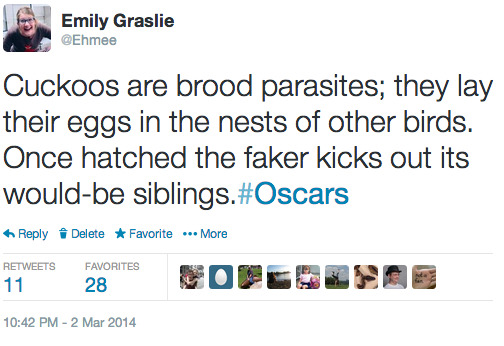 edwardspoonhands:  thebrainscoop:  ICYMI my live-tweeting of the Oscars tonight 