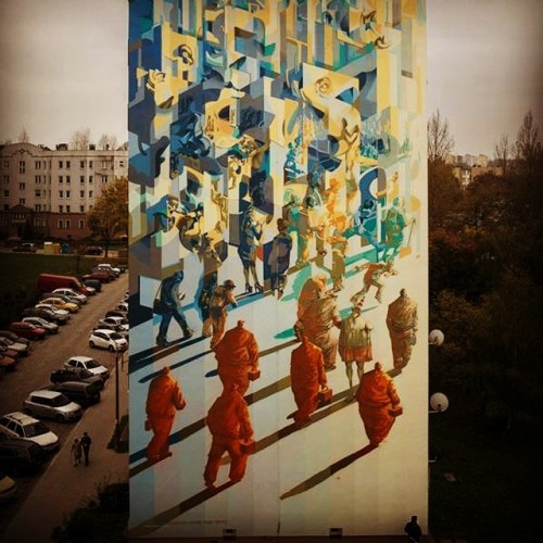 Grand mural detail on building side. This is just the one of the 2 buildings in Lodz , Poland , #str