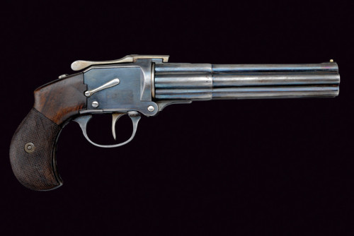 Rare and unusual Thomas Bland No. 1 six shot pistol.  Features six barrels.  Each time the trigger i