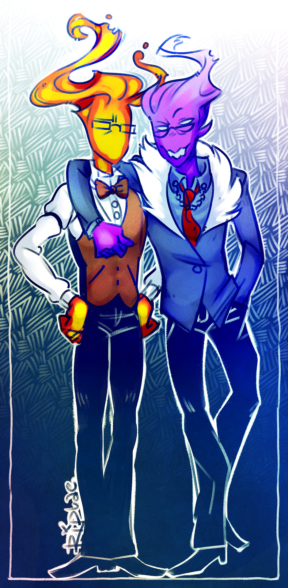 hoardoftrash:  A commission of Grillby and his evil counterpart
