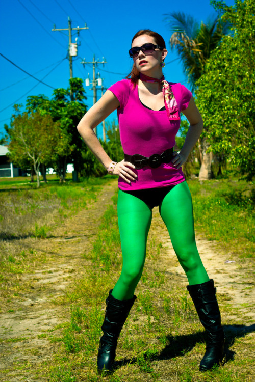 tightsobsession:Posing in green tights and black leather boots.Tights week starts November 3rd!JESUS