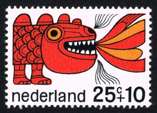 stamp-it-to-me:a 1968 Dutch stamp depicting a fire-breathing dragon