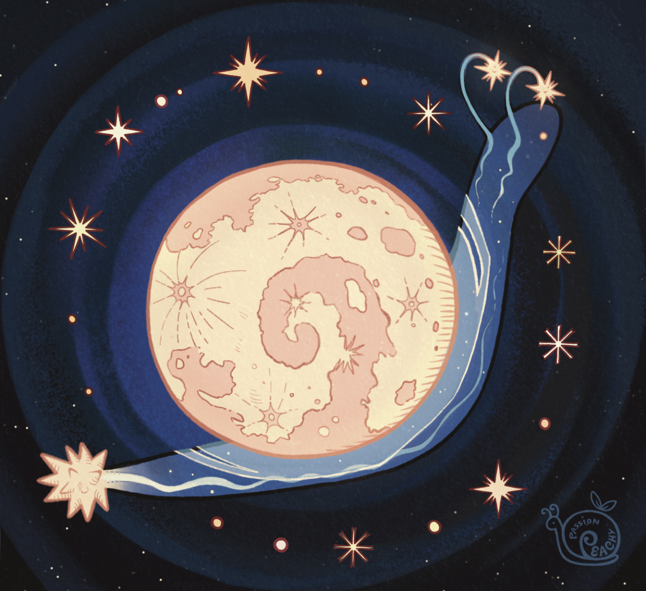 A starry blue snail with a glowing full moon for a shell, yellow eyes, and shooting stars for antennae. Its tail is a slightly bigger shooting star with the trail traveling up its body. The craters of the moon form the curl of the snail’s shell. The background is dark blue space with a radial pattern of yellow stars around the center. A snail-shaped watermark that says “passionpeachy” is on the bottom right corner.