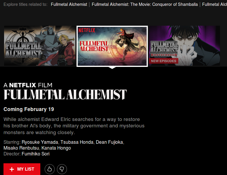 Fullmetal Alchemist Live Action Movie on Netflix