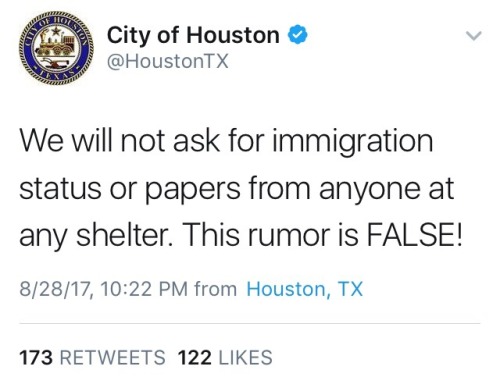 rodham:  For those of you telling people that shelters are asking for I.Ds or immigration papers: THAT’S A LIE.  Please stop spreading misinformation. If you don’t live in Houston, you need to double and then triple check your sources and make sure