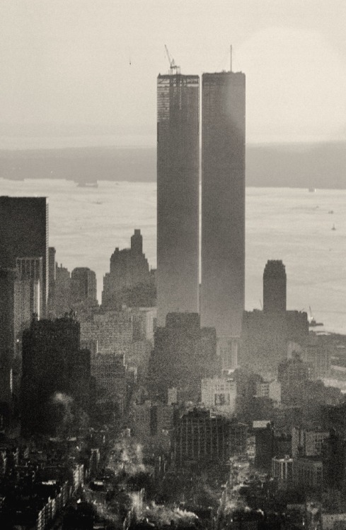 World Trade Center towers nearing completion, From Empire State Building terrace, New York, 1972.