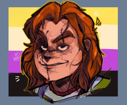 scritzar:GENDAH FLOOIDi hc chucky as non binary and no one can change my mindClick image for best quality :]