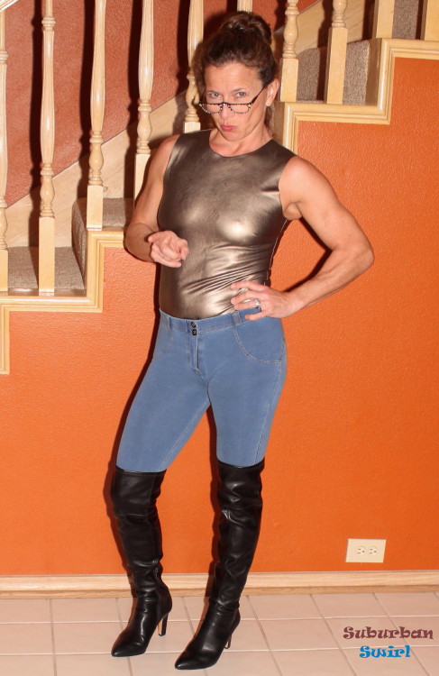 suburbanswirl: Gunmetal faux leather bodysuit by Commando, Freddy style jeans by Best Yoga Store, an