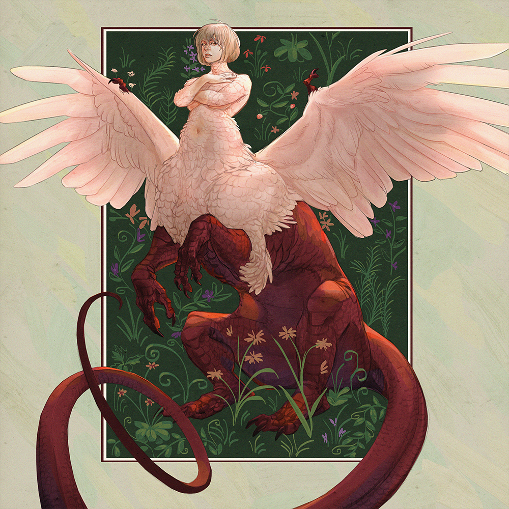 A digital illustration of Falin from Dungeon Meshi in her chimaera form. Her wings are outstretched while she her hand pressed against her collarbone. The dragon portion of her body is seated with her forelegs raised. She is seated against a backdrop of medieval tapestry-inspired plants.
