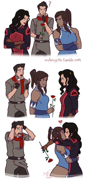 motorcyclle:  avatarparallels:  Can someone make a fanart of Mako trying to choose between Korra and Asami then he gives the flower to Korra but Korra gives it to Asami? Like these…     you have mine   Click my link to Korra Nation