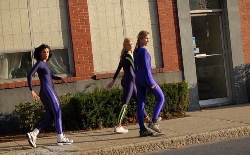 Three nice girls spotted outdoors, going to gym, or some outdoor running? Great view to see them in 