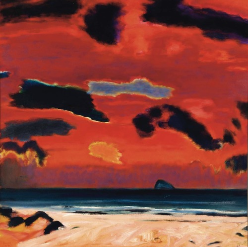 terminusantequem:John Houston (British, 1930-2008), Bass Rock and Red Sky, 1981-82. Oil on