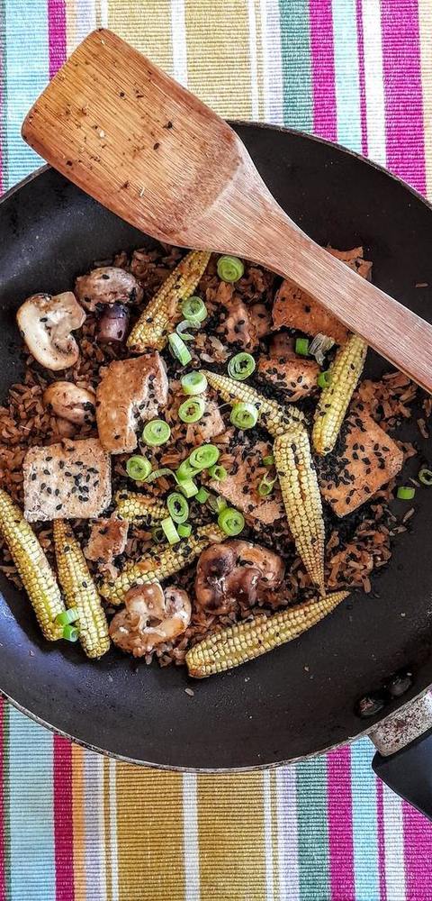Sesame Ginger Tofu With Corn, Spring Onions And Stir Fry Rice