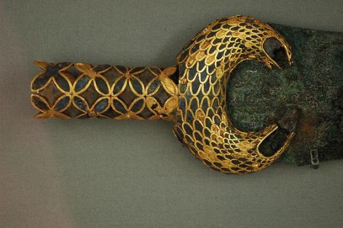 Gold decorated hilt of a Mycenaean bronze sword, 2nd millennium BC