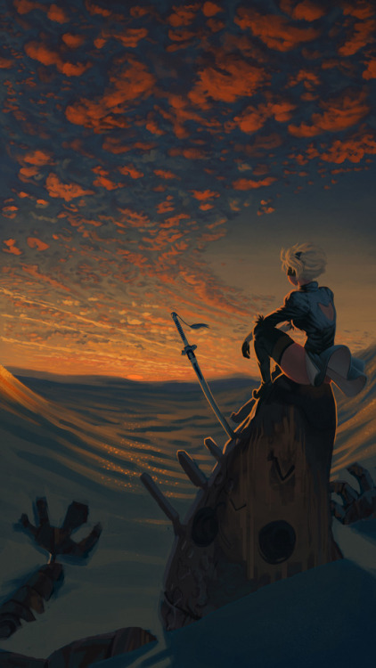 quietagenesi:Smartphone wallpaper of 2B, sitting contemplative in the desert.