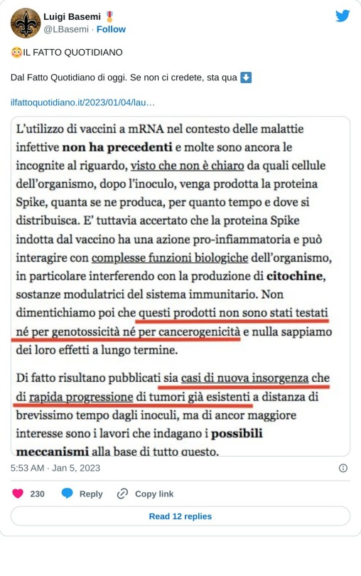 😳IL FATTO QUOTIDIANO  Dal Fatto Quotidiano di oggi. Se non ci credete, sta qua ⬇️https://t.co/NR42lDJcEo pic.twitter.com/esMs6Qm5el  — Luigi Basemi 🎖 (@LBasemi) January 5, 2023