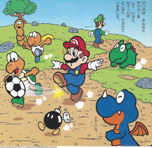 smallmariofindings:Scene of Mario playing soccer with Super Mario World enemies from the Japanese “S