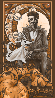 jerezjayne:  Happy Halloween! Jim made him dress up again. I wanted to redraw my Halloween bones from last year and was inspired by art Nouveau. 