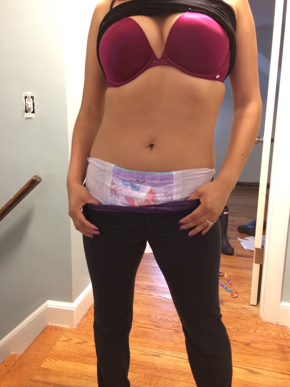 diaperman55:  Featuring baby M. all padded up under her yoga pants!