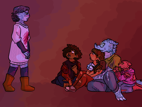 Lucy Frostblade walking towards Ruben Hopclap, Ivy Embra, Oisin Hakinvar and Mary Ann Skuttle, who are all seated or kneeling on the ground looking up at her with nerves and shock. Ivy is leaning into Oisin's side and he has his arms around her. Mary Ann is holding onto Oisin's arm. Ruben is kneeling next to Ivy and clutching his chest. Ruben and Mary Ann's clothes are both burnt, while Ivy and Oisin are both bloodied. Lucy also has blood on her clothes.