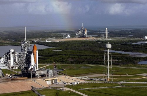 Space Shuttles Atlantis and Endeavour on launchpads, during the buildup to STS-125