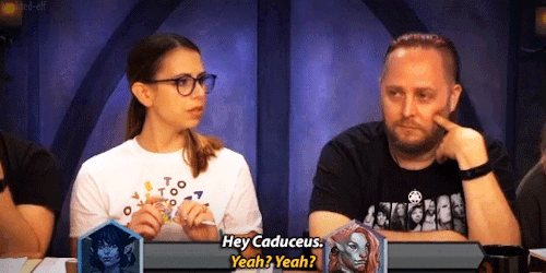 nottmygoblindaughter: [GIF Descriptions: Three GIFs of Laura Bailey and Taliesin Jaffe playing their