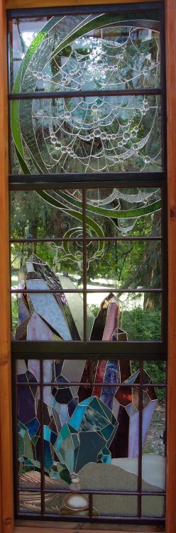 theglasscabin:New windows in the cabin!  Crystals and a dewy spiderweb.