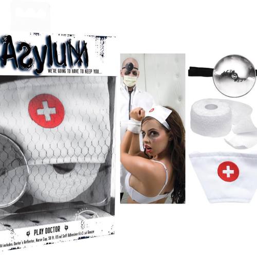 Asylum’s Play Doctor Set.              Everything couples need to play Doctor. Dr.’s reflector has a stretchy elastic band that fits most. Nurse’s cap is secured with a long, satin ribbon. Includes 15m of self adhesive medical gauze