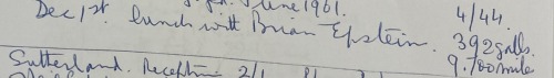 Colin Borland’s 1961 handwritten notes: Dec 1st: Lunch with Brian Epstein.Epstein’s December 1 meeti