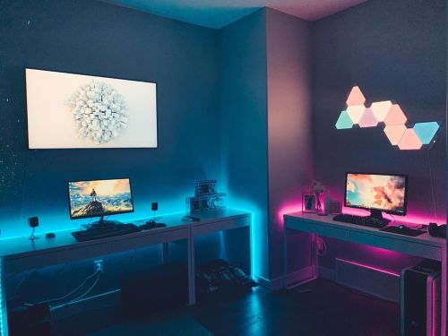 + gaming den + • • • • • | #gaming #gamingroom #pcgaming #hisandhers #nerds #gamers #ledlights #thef