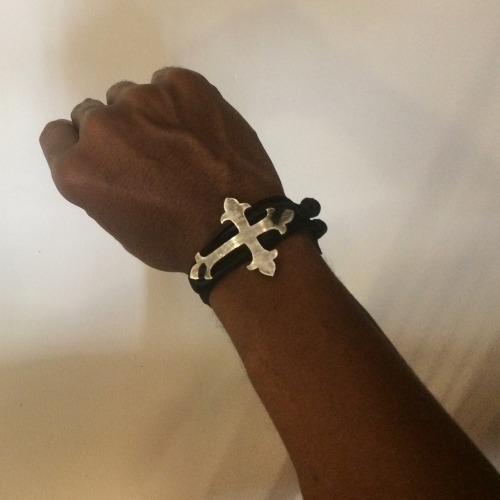 edpdsgn: Custom made Silver Fleur de lis Cross bracelet with leather strap handcut by yours truly. F