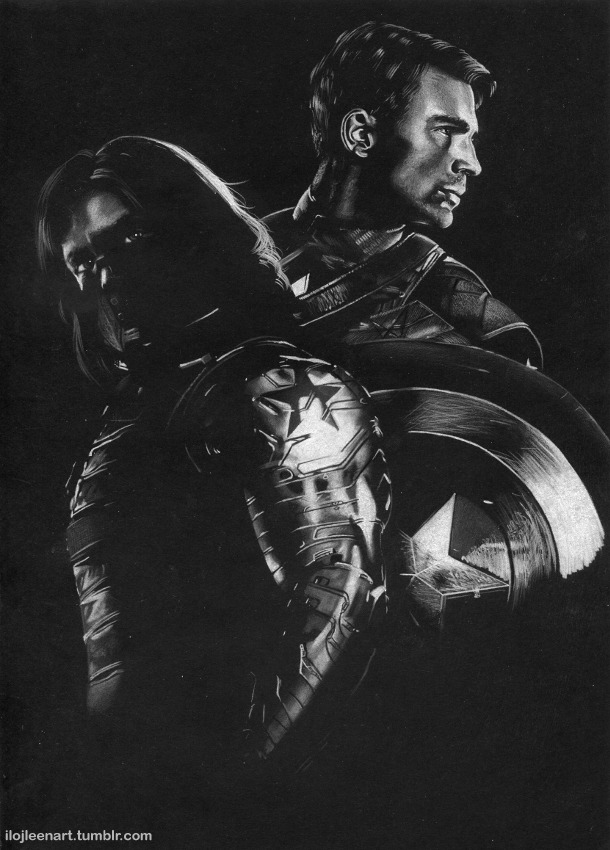 ilojleenart:  A drawing of Captain America and Winter Soldier / Chris Evans and Sebastian