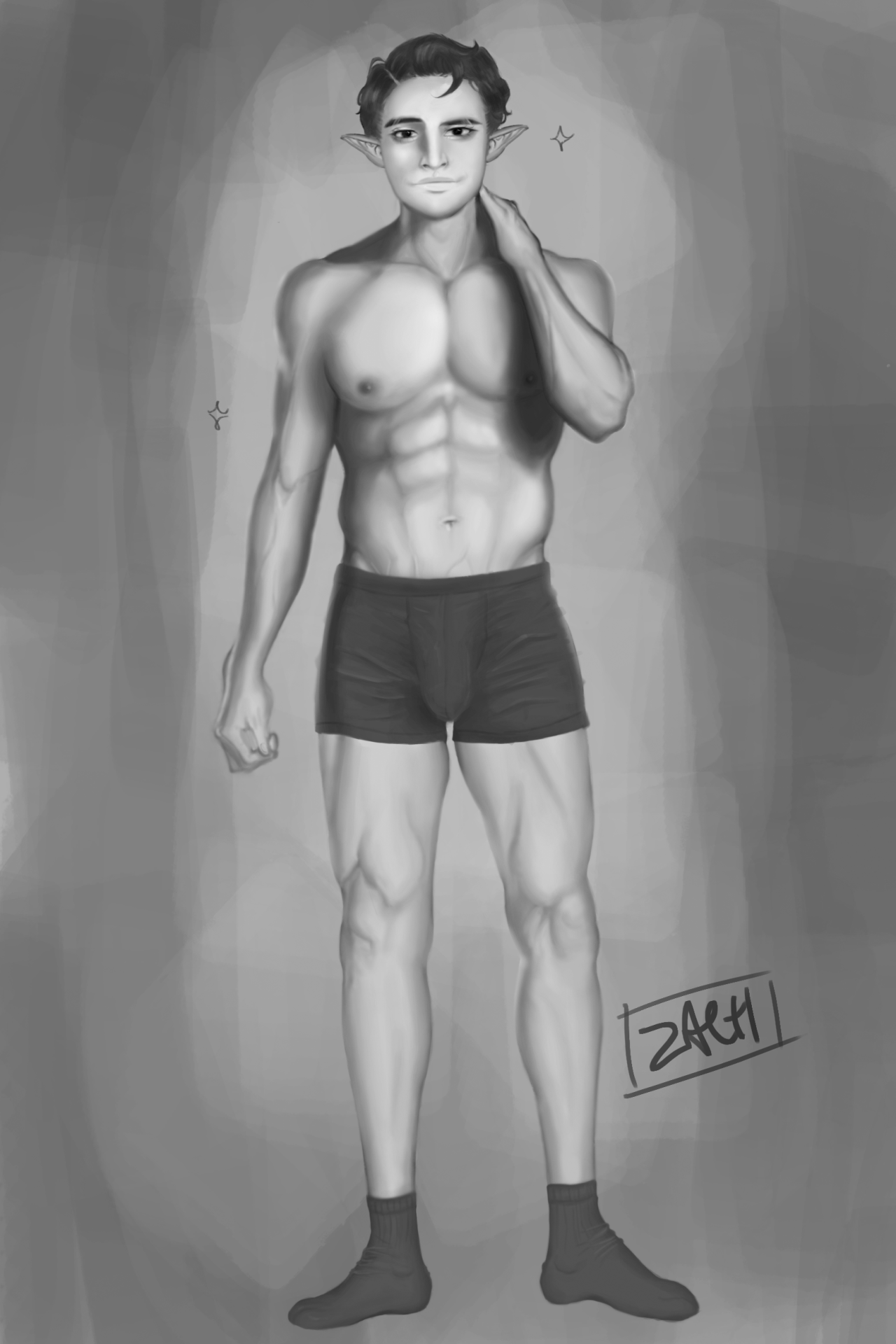 Figure Drawing study from Reference! I implemented a few things, such as, elf ears, socks, hair (?), and a last-minute made up OC face ahahahThis took me forever to finish as I kept on blending and erasing; ‘twas a never ending cycle. In addition to that, I think my SECOND stylus might snap AGAIN AAHAHAH I ultimately like the end result, though!  #Figure Drawing#Figure Study#Drawing#Drawing Study#Art #Artists on Tumblr #Photoshop#Grayscale#original character