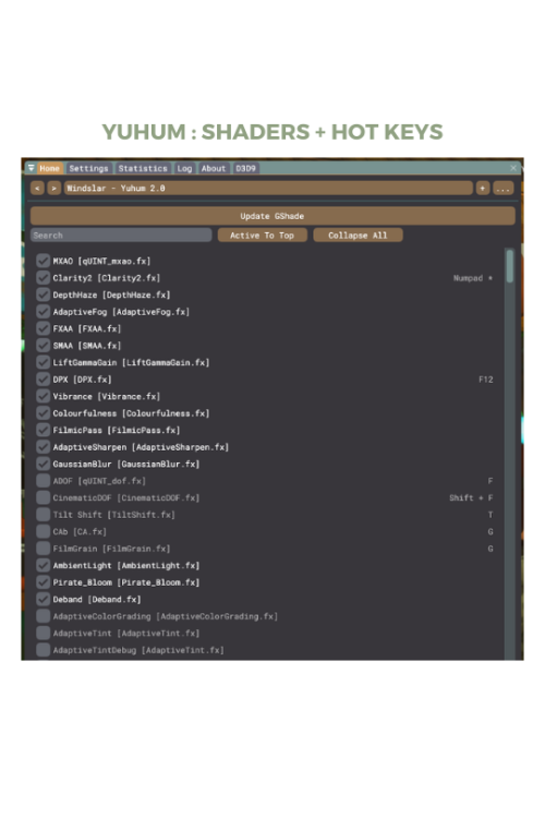 Shaders you need:
qUINT/mxao.fx
Clarity2.fx
DepthHaze.fx
AdaptiveFog.fx
FXAA.fx
SMAA.fx
LiftGammaGain.fx
DPX.fx
Vibrance.fx
Colourfulness.fx
FilmicPass.fx
AdaptiveSharpen.fx
GaussianBlur.fx
qUINT_dof.fx
CinematicDOF.fx
TiltShift.fx
CA.fx
FilmGrain.fx
AmbientLight.fx
Pirate_Bloom.fx
Deband.fx