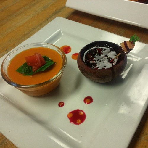 sex-bom-omb: Cold tomato soup with concasse and Beet &amp; blueberry juice served in a cored Bee