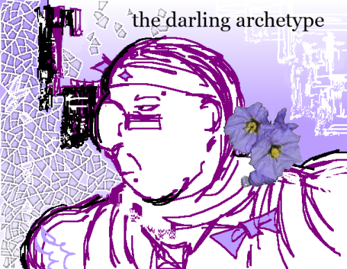 sketch of olzhas' side profile. the background is a light lavender and textured with a mosaic brush. a flower is imprinted on eir shoulder, and the text above reads: the darling archetype.